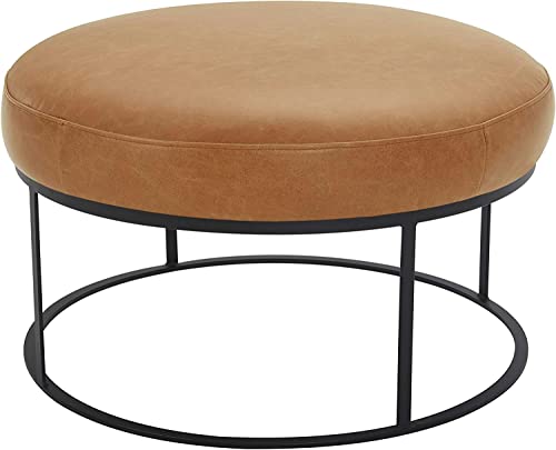 Amazon Brand – Rivet Revere Round Leather Iron-Framed Ottoman, 30.3"W, Cognac