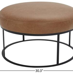 Amazon Brand – Rivet Revere Round Leather Iron-Framed Ottoman, 30.3"W, Cognac