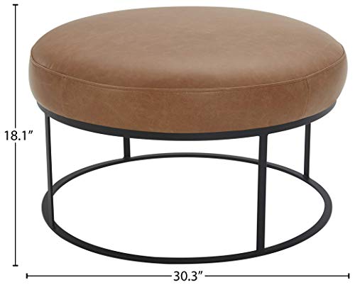 Amazon Brand – Rivet Revere Round Leather Iron-Framed Ottoman, 30.3"W, Cognac