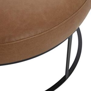 Amazon Brand – Rivet Revere Round Leather Iron-Framed Ottoman, 30.3"W, Cognac