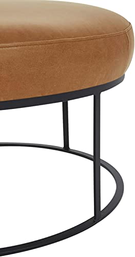 Amazon Brand – Rivet Revere Round Leather Iron-Framed Ottoman, 30.3"W, Cognac