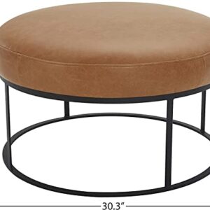 Amazon Brand – Rivet Revere Round Leather Iron-Framed Ottoman, 30.3"W, Cognac