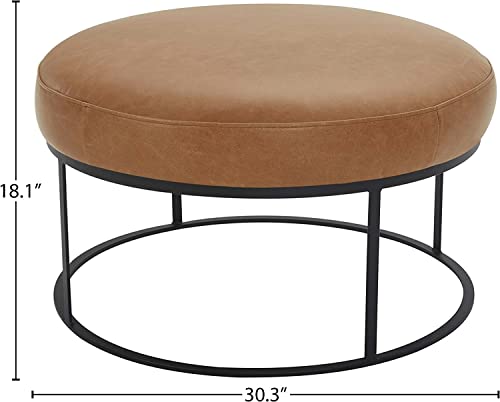 Amazon Brand – Rivet Revere Round Leather Iron-Framed Ottoman, 30.3"W, Cognac