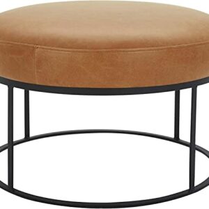 Amazon Brand – Rivet Revere Round Leather Iron-Framed Ottoman, 30.3"W, Cognac