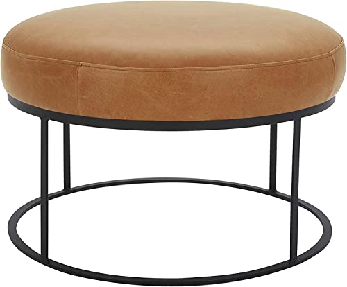 Amazon Brand – Rivet Revere Round Leather Iron-Framed Ottoman, 30.3"W, Cognac