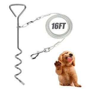 darkyazi dog stake tie out cable and reflective stake 16 ft outdoor, yard and camping, for medium to large dogs up to 125 lbs (16ft cable, 18" stake, silver)