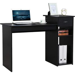 yaheetech home office computer desk with storage drawer and monitor stand, wooden pc laptop desk, modern simple style computer workstation study writing desk, black