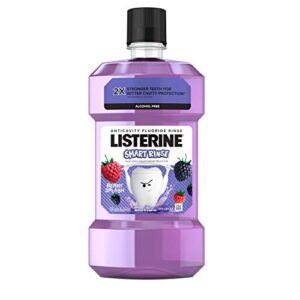 listerine smart rinse kids alcohol-free anticavity fluoride mouthwash, ada accepted oral rinse for cavity protection, berry splash flavor for kids oral care, 500 ml