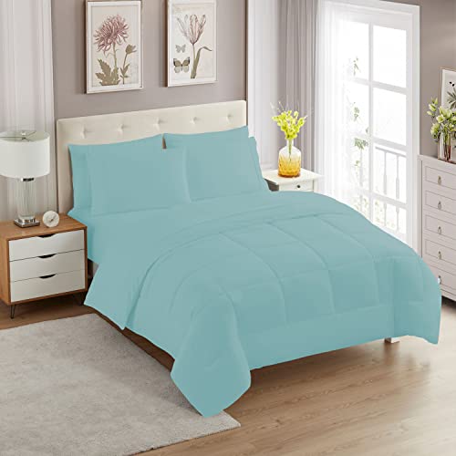 Sweet Home Collection 7 Piece Comforter Set Bag Solid Color All Season Soft Down Alternative Blanket & Luxurious Microfiber Bed Sheets, Misty Blue, Twin XL