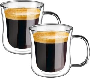 ecooe espresso cups 4 oz double walled glasses coffee mugs set of 2, clear glass coffee cups with handle, insulated coffee mug borosilicate heat resistant double wall glass espresso coffee cups