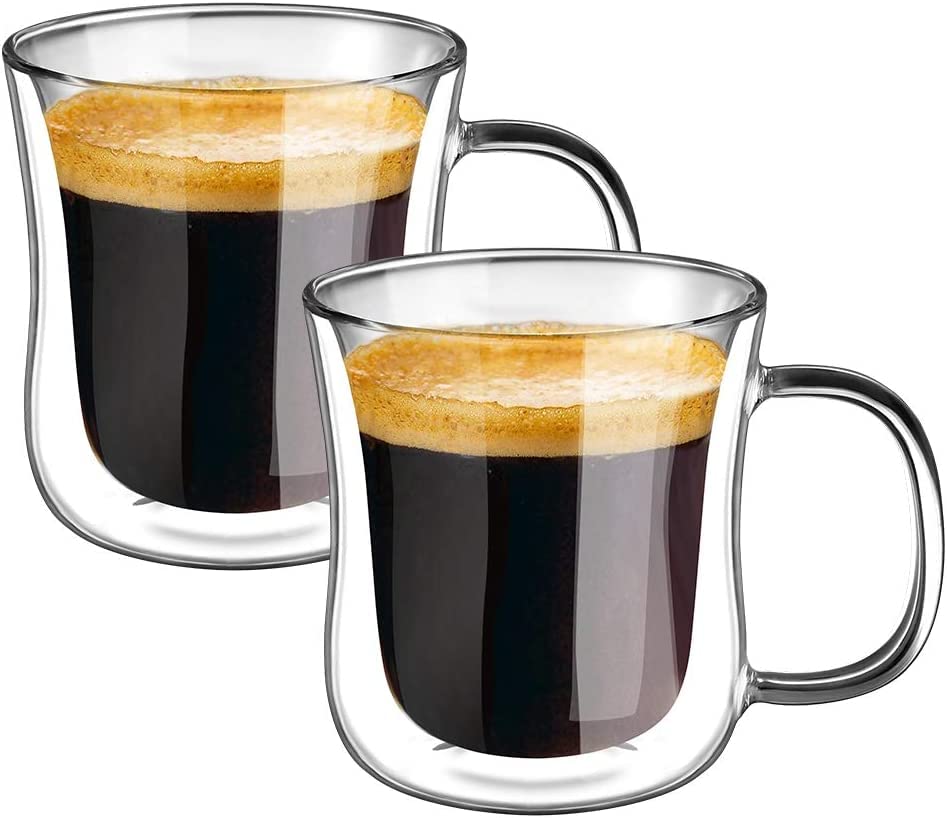 ecooe Espresso Cups 4 Oz Double Walled Glasses Coffee Mugs Set of 2, Clear Glass Coffee Cups with Handle, Insulated Coffee Mug Borosilicate Heat Resistant Double Wall Glass Espresso Coffee Cups