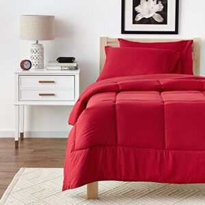 Sweet Home Collection 5 Piece Comforter Set Bag Solid Color All Season Soft Down Alternative Blanket & Luxurious Microfiber Bed Sheets, Red, Twin