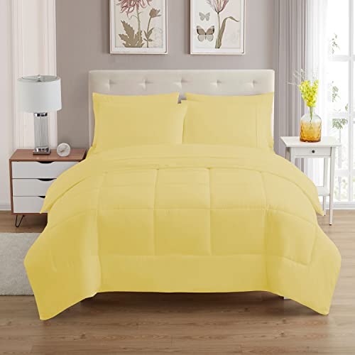 Sweet Home Collection 7 Piece Comforter Set Bag Solid Color All Season Soft Down Alternative Blanket & Luxurious Microfiber Bed Sheets, Yellow, Full