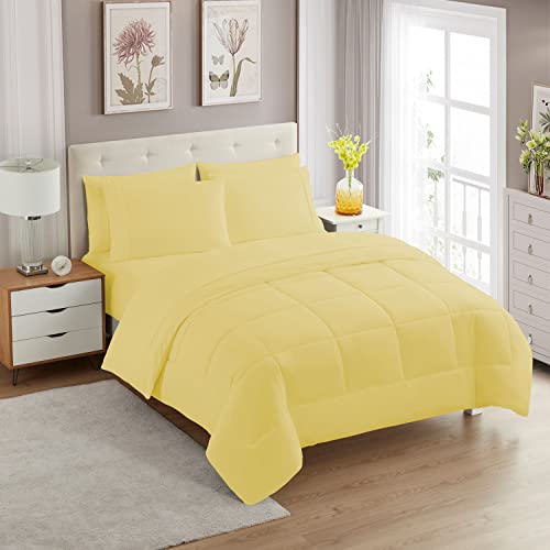 Sweet Home Collection 7 Piece Comforter Set Bag Solid Color All Season Soft Down Alternative Blanket & Luxurious Microfiber Bed Sheets, Yellow, Full