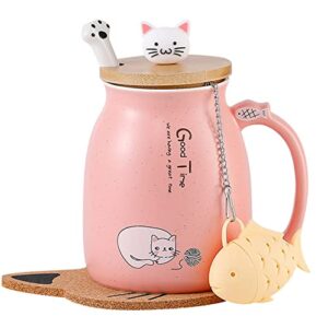 bignosedeer cat mug cute ceramic coffee mugs with lovely kitty lid cat paw spoon kawaii coaster novelty tea cup pink mug for women christmas mug mothers day gifts birthday gifts 380ml