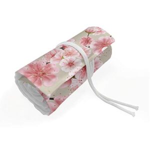 ambesonne cherry blossom roll up pencil holder, random arrangement of pastel colored blooming sakura flower, painting drawing pencils case for artists students, 72 loops, rose eggshell
