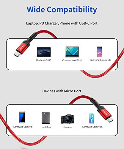 JSAUX USB C to Micro USB Cable 6.6FT, Type C to Micro USB Charger Braided Cord， Support Charge & Sync Compatible with MacBook (Pro),Galaxy S8, S9, S10, Pixel 3 XL, 2 XL and Micro USB Devices- Red/2M