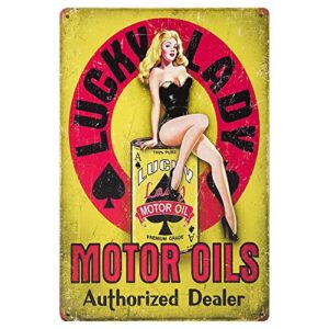 erlood lucky lady motor oil gas service garage dealer pin up girl retro vintage decor tin sign 12 x 8