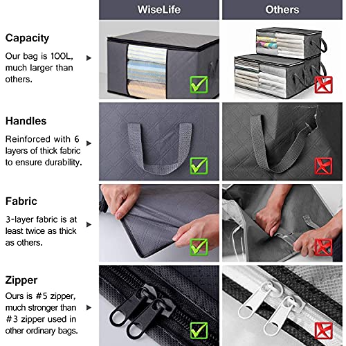 WISELIFE Clothes Storage Bags 100L [3 Pack ], Large Capacity Blanket Storage Containers Organizers for Comforters,Bedding,Clothing,Foldable 3 Layer Fabric,Sturdy Zippers,Reinforced Handle,Clear Window,Grey