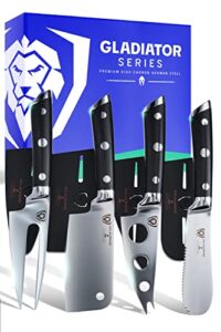 dalstrong charcuterie & cheese knife set - 4-piece - gladiator series elite - mini cleaver, serrated, round-tip, forked cheese knives, g10 garolite handle, sheath, nsf certified