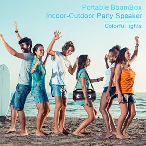 Bluetooth Speakers, 30W Portable Bluetooth Boombox with Subwoofer, FM Radio, RGB Colorful Lights, EQ, Stereo Sound, Booming Bass, 10H Playtime Wireless Outdoor Speaker for Home, Party, Camping, Travel