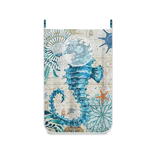 Seahorse Nautical Coastal Shell Hanging Laundry Hamper Bag 1 Pack Retro Sea Animal Starfish Dirty Clothes Storage Bin Washing Baskets Toy Book Clothing Holder for Door Wall Home Bathroom Bedroom