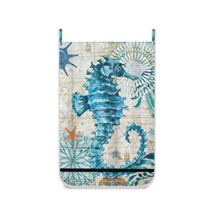 Seahorse Nautical Coastal Shell Hanging Laundry Hamper Bag 1 Pack Retro Sea Animal Starfish Dirty Clothes Storage Bin Washing Baskets Toy Book Clothing Holder for Door Wall Home Bathroom Bedroom