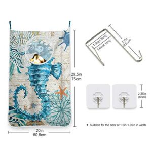 Seahorse Nautical Coastal Shell Hanging Laundry Hamper Bag 1 Pack Retro Sea Animal Starfish Dirty Clothes Storage Bin Washing Baskets Toy Book Clothing Holder for Door Wall Home Bathroom Bedroom