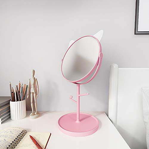 Louphee Desk Mirror in Cute Cat Ears Shape-Kawaii &Vanity Mirror for You in Bathroom or Bedroom- Pink