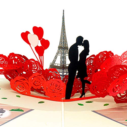 Paper Love Paris Lovers Valentines Day Pop Up Card, Handmade 3D Popup Greeting Cards, for Valentine's Day, Mothers Day, Wedding, Anniversary, Birthday, Love, All Occasions