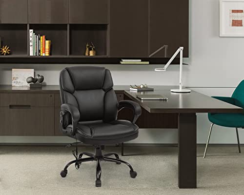 Big and Tall Office Chair Ergonomic Chair 400lbs Wide Seat Desk Chair PU Leather Computer Chair with Lumbar Support Arms Mid Back Executive Task Chair, Black