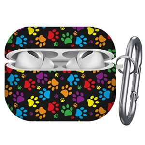 compatible with airpods pro – shockproof tpu gel portable protection soft case cover skin with carabiner clip keychain (colorful paw print)