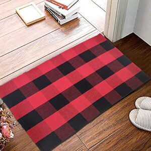 farmhouse cotton buffalo checkered rug-2' x 3' plaid rug door mat for entry way washable doormat bedroom carpet black and white welcome mat for doorway/laundry room/kitchen (23.6"x35.4", red stripe)