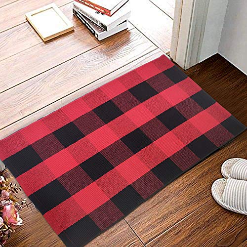 Farmhouse Cotton Buffalo Checkered Rug-2' x 3' Plaid Rug Door Mat for Entry Way Washable Doormat Bedroom Carpet Black and White Welcome Mat for Doorway/Laundry Room/Kitchen (23.6"x35.4", Red Stripe)