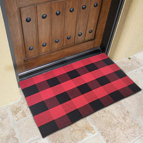 Farmhouse Cotton Buffalo Checkered Rug-2' x 3' Plaid Rug Door Mat for Entry Way Washable Doormat Bedroom Carpet Black and White Welcome Mat for Doorway/Laundry Room/Kitchen (23.6"x35.4", Red Stripe)