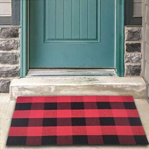 Farmhouse Cotton Buffalo Checkered Rug-2' x 3' Plaid Rug Door Mat for Entry Way Washable Doormat Bedroom Carpet Black and White Welcome Mat for Doorway/Laundry Room/Kitchen (23.6"x35.4", Red Stripe)