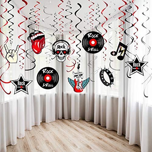 Blulu 30Ct Rock and Roll Theme Party Foil Swirl Decorations Rock Star Music Party Hanging Swirls Party Ceiling Decorations for 50's 60's Theme Party Decorations Event Supplies