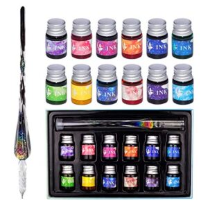codace glass dip pen ink set, calligraphy dip pens, rainbow crystal calligraphy pen and ink set with 12 colorful inks, caligraphy kits for art, writing, signatures, decoration, gift