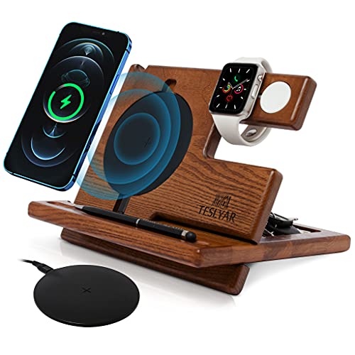 TESLYAR Wood Phone Docking Station Ash Key Holder Wallet Stand Watch Organizer Men Husband Wireless Charging Pad Slim Birthday Nightstand Purse Tablet Watch Compatible with Qi Devices