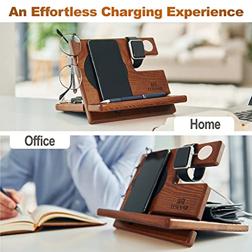 TESLYAR Wood Phone Docking Station Ash Key Holder Wallet Stand Watch Organizer Men Husband Wireless Charging Pad Slim Birthday Nightstand Purse Tablet Watch Compatible with Qi Devices