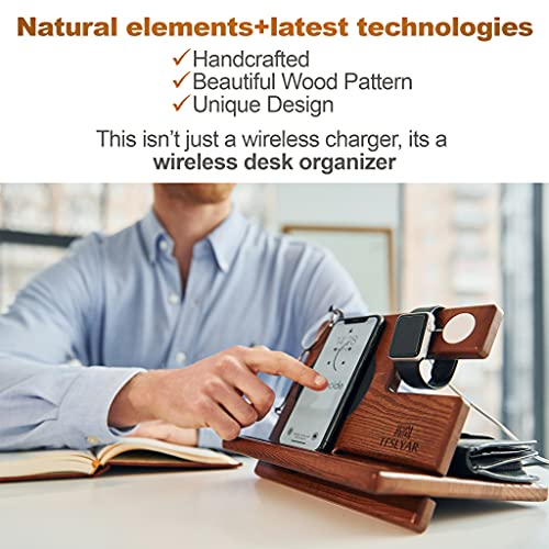 TESLYAR Wood Phone Docking Station Ash Key Holder Wallet Stand Watch Organizer Men Husband Wireless Charging Pad Slim Birthday Nightstand Purse Tablet Watch Compatible with Qi Devices