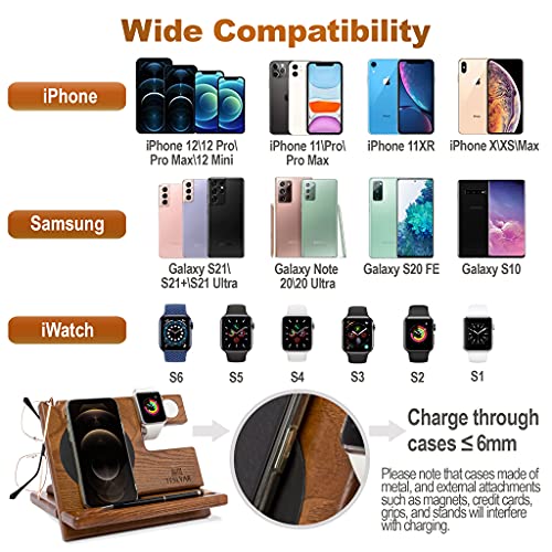 TESLYAR Wood Phone Docking Station Ash Key Holder Wallet Stand Watch Organizer Men Husband Wireless Charging Pad Slim Birthday Nightstand Purse Tablet Watch Compatible with Qi Devices