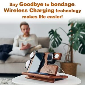 TESLYAR Wood Phone Docking Station Ash Key Holder Wallet Stand Watch Organizer Men Husband Wireless Charging Pad Slim Birthday Nightstand Purse Tablet Watch Compatible with Qi Devices