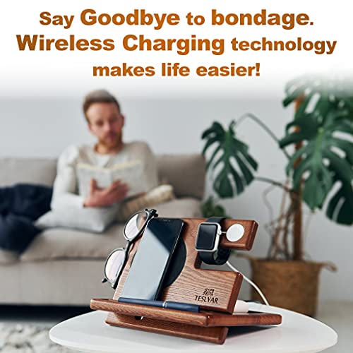 TESLYAR Wood Phone Docking Station Ash Key Holder Wallet Stand Watch Organizer Men Husband Wireless Charging Pad Slim Birthday Nightstand Purse Tablet Watch Compatible with Qi Devices