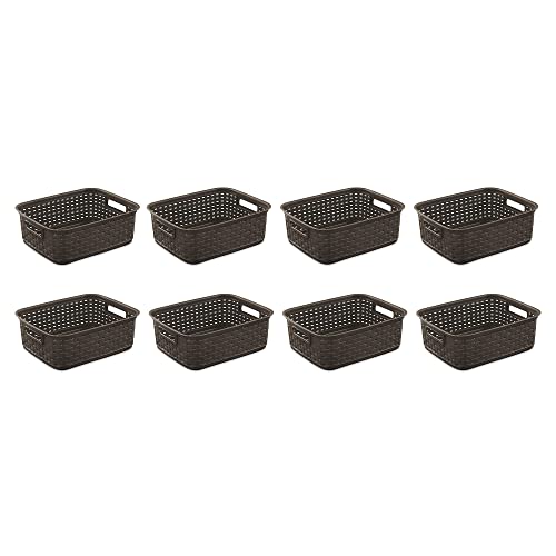 Sterilite Small Convenient 11 Inch Long Multipurpose Basketweave Home or Office Storage Open Basket Organizer, Espresso (8 Pack)