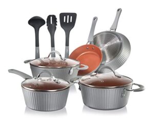 nutrichef nonstick cookware excilon |home kitchen ware pots & pan set with saucepan, frying pans, cooking pots, lids, utensil ptfe/pfoa/pfos free, 11 pcs, gray