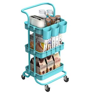 alvorog 3-tier rolling utility cart storage shelves multifunction storage trolley service cart with mesh basket handles and wheels easy assembly for bathroom, kitchen, office (blue)