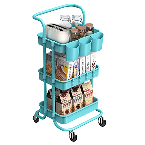 alvorog 3-Tier Rolling Utility Cart Storage Shelves Multifunction Storage Trolley Service Cart with Mesh Basket Handles and Wheels Easy Assembly for Bathroom, Kitchen, Office (Blue)