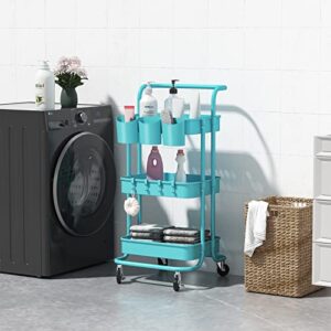 alvorog 3-Tier Rolling Utility Cart Storage Shelves Multifunction Storage Trolley Service Cart with Mesh Basket Handles and Wheels Easy Assembly for Bathroom, Kitchen, Office (Blue)