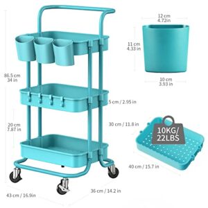 alvorog 3-Tier Rolling Utility Cart Storage Shelves Multifunction Storage Trolley Service Cart with Mesh Basket Handles and Wheels Easy Assembly for Bathroom, Kitchen, Office (Blue)